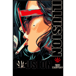 Vector de persona fumando con gafas rojas, efecto psicodélico naranja/cian, texto 'ILLUSION' vertical, hoja de cannabis